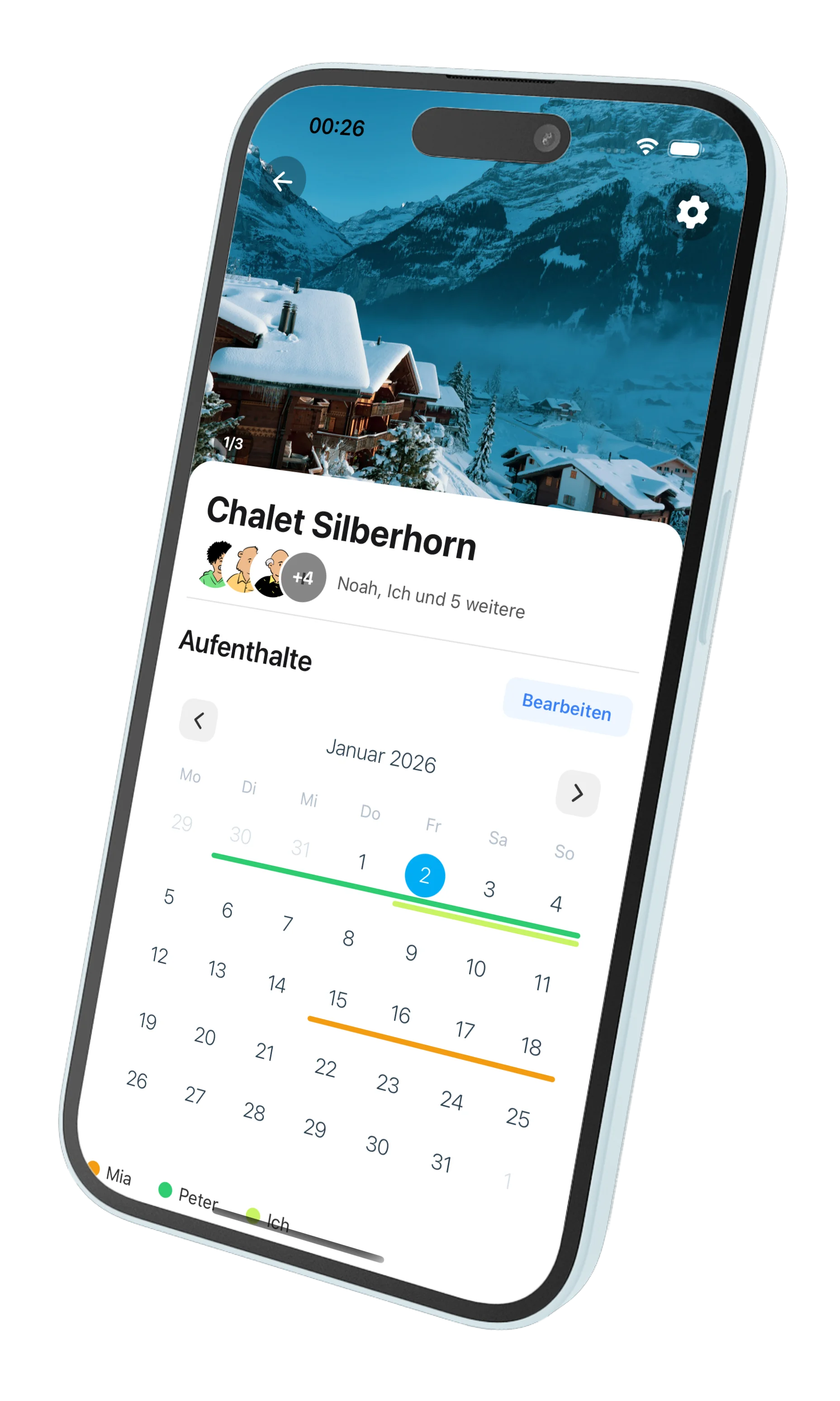 Casana App zeigt gemeinsamen Kalender für ein Familien-Ferienhaus