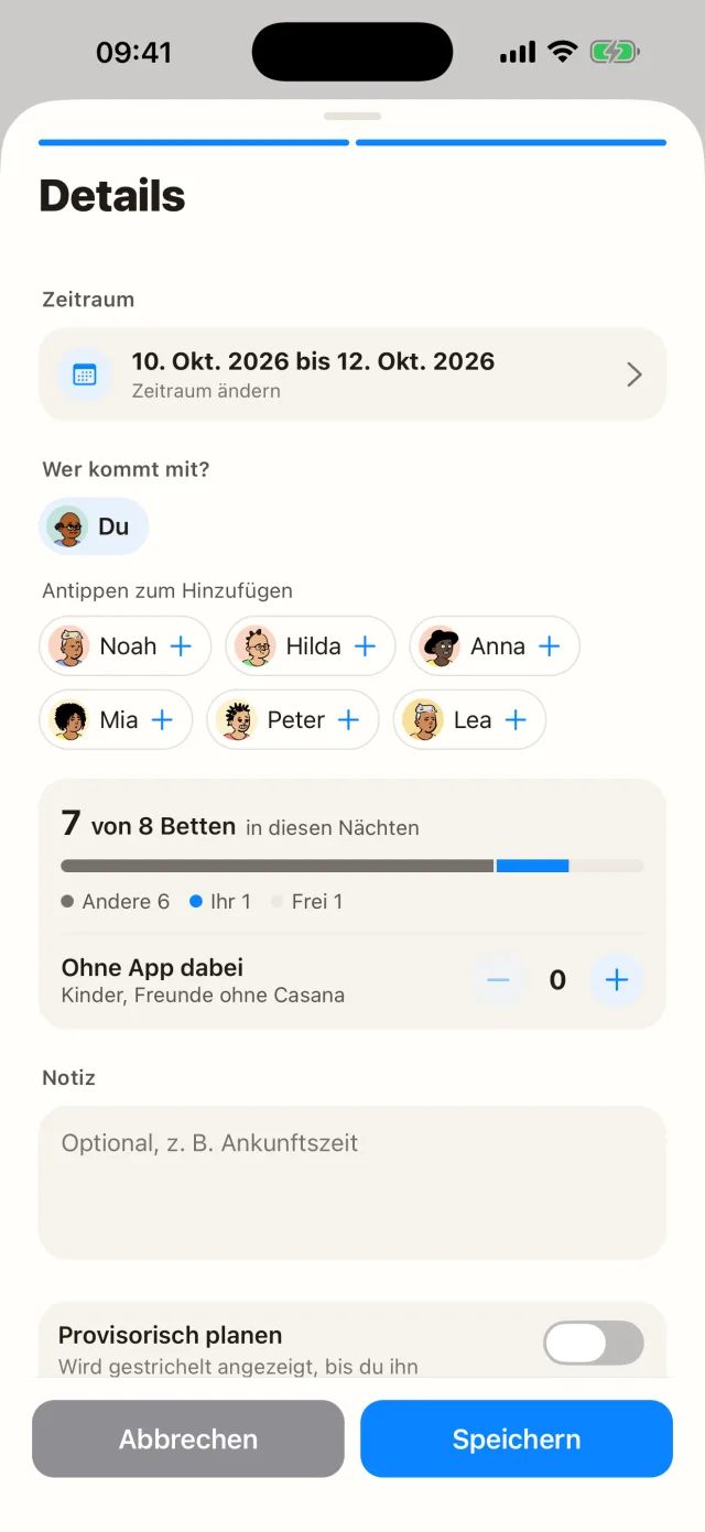 Details: „Wer kommt mit?“ mit den Mitgliedern zum Antippen und der Betten-Karte