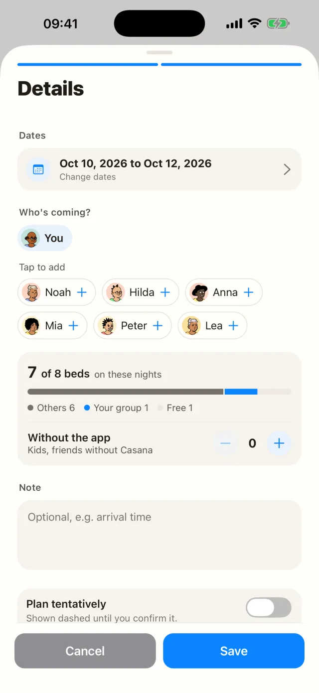 Details: “Who's coming?” with members to tap and the beds card