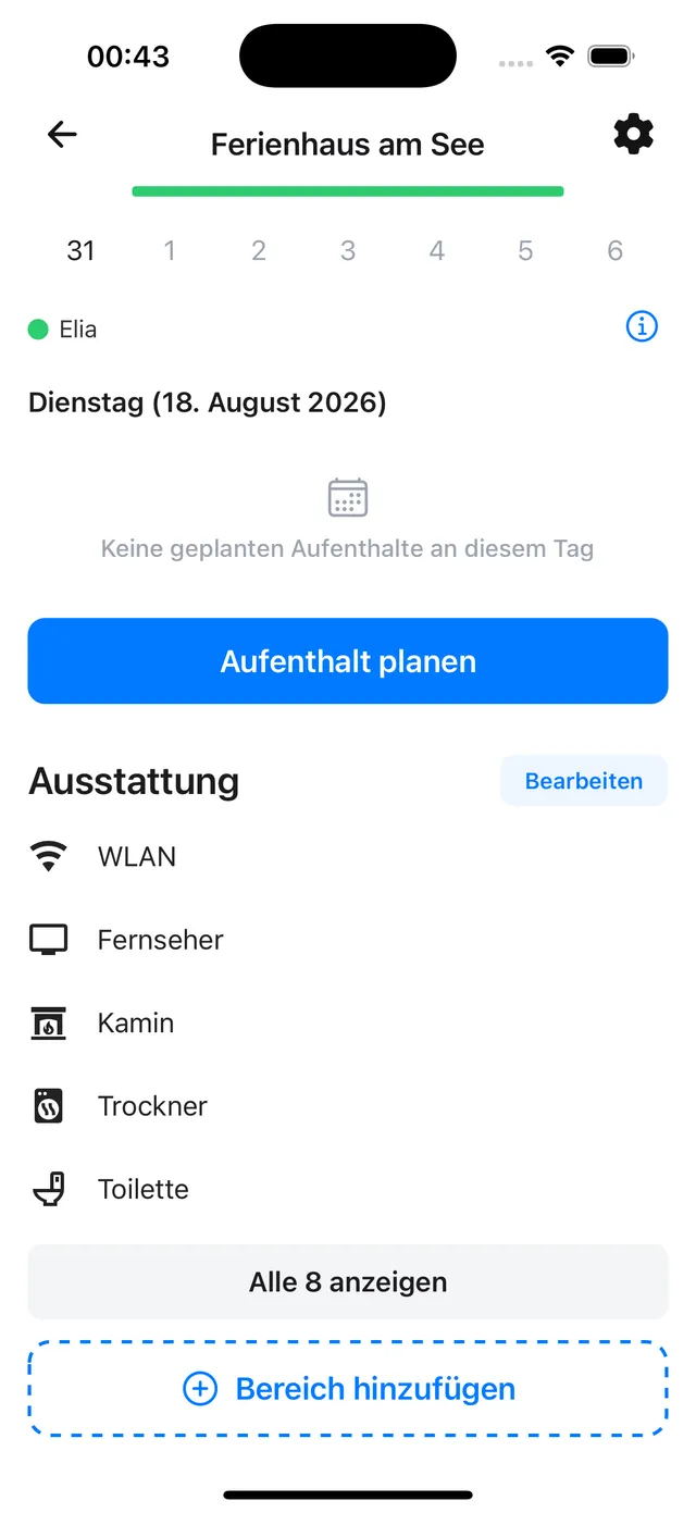 Die Ort-Ansicht mit dem Button „Bereich hinzufügen"