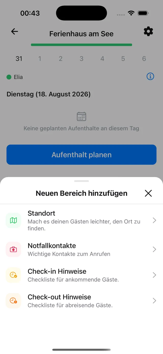 Das Fenster „Neuen Bereich hinzufügen" mit Check-in und Check-out Hinweisen