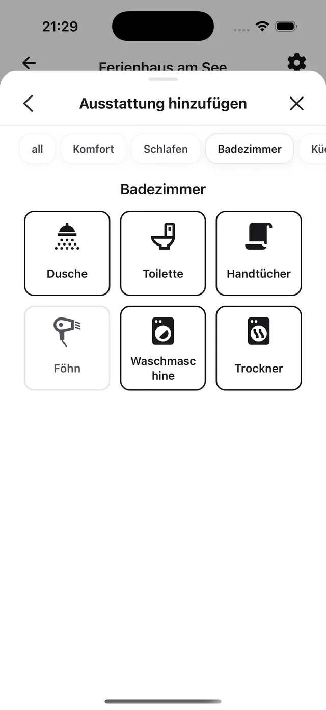 Die Kategorie Badezimmer mit Einträgen wie Dusche, Toilette und Handtücher