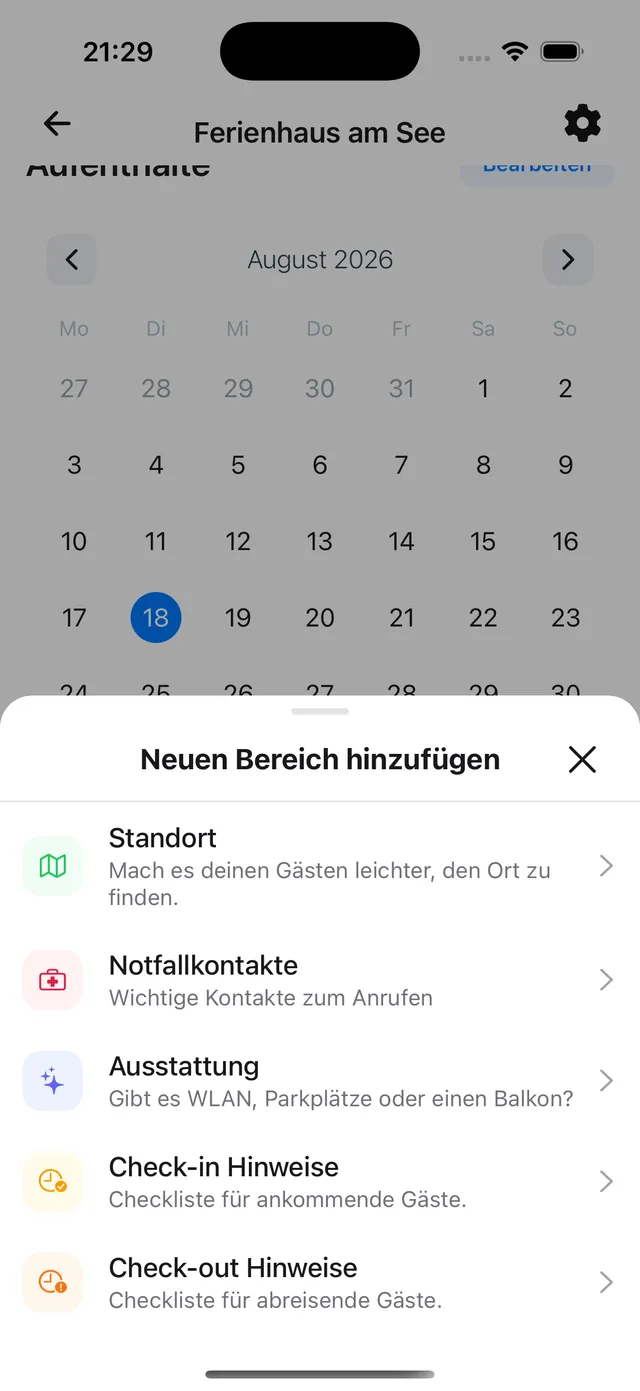 Das Fenster „Neuen Bereich hinzufügen" mit den Bereichstypen