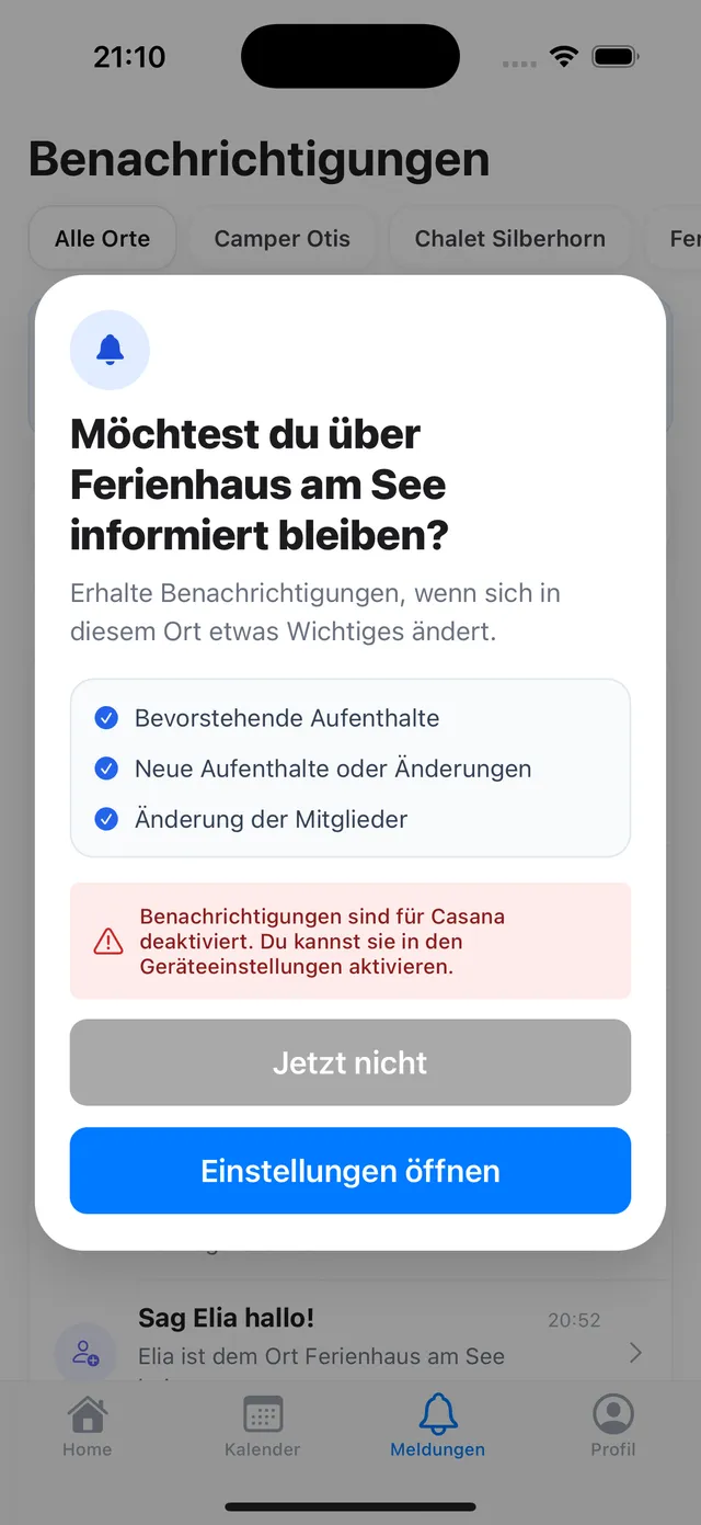 The dialog with the disabled note and the Open settings button