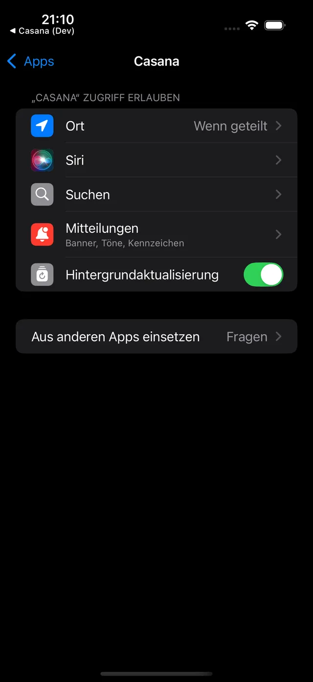 The iOS settings for Casana with the Notifications entry