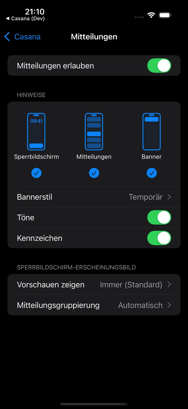 The iOS notifications for Casana with Allow notifications turned on