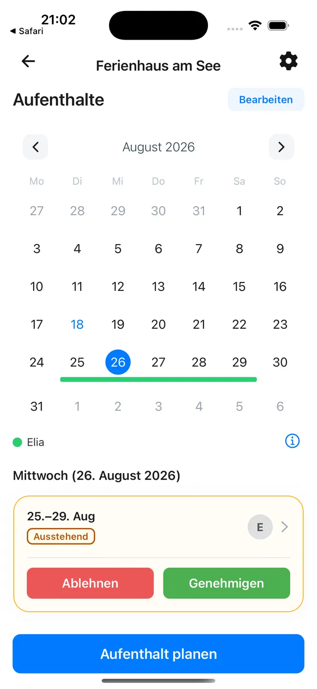 Ein Tag im Kalender mit dem ausstehenden Aufenthalt und den Buttons zum Freigeben