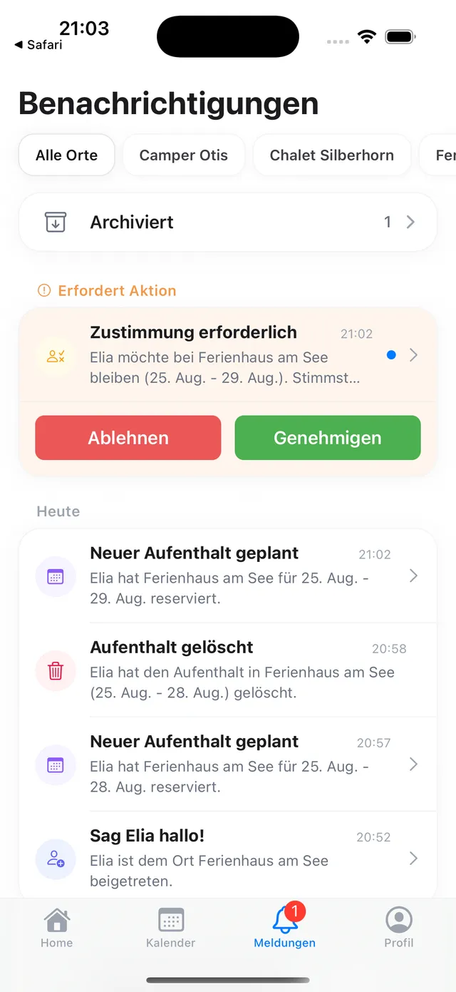 Die Benachrichtigungen mit „Zustimmung erforderlich" und dem Badge am Meldungen-Tab