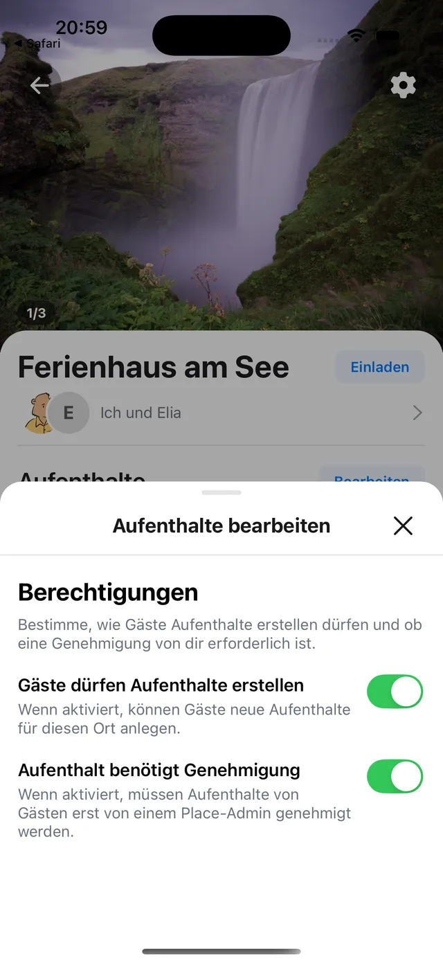 Die zwei Schalter: Gäste dürfen eintragen und Aufenthalt benötigt Genehmigung